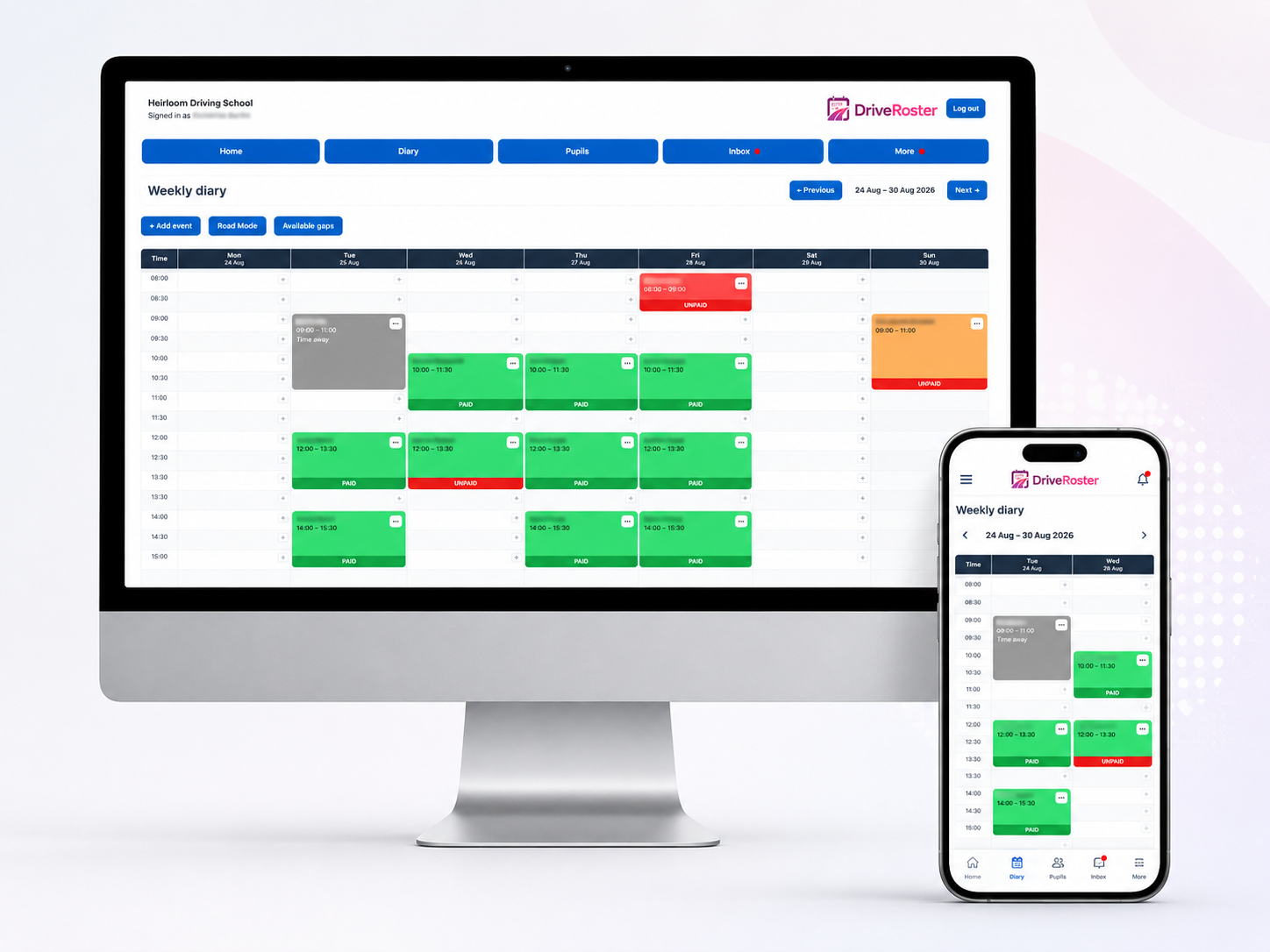 Drive Roster driving school diary dashboard shown on an iMac and iPhone